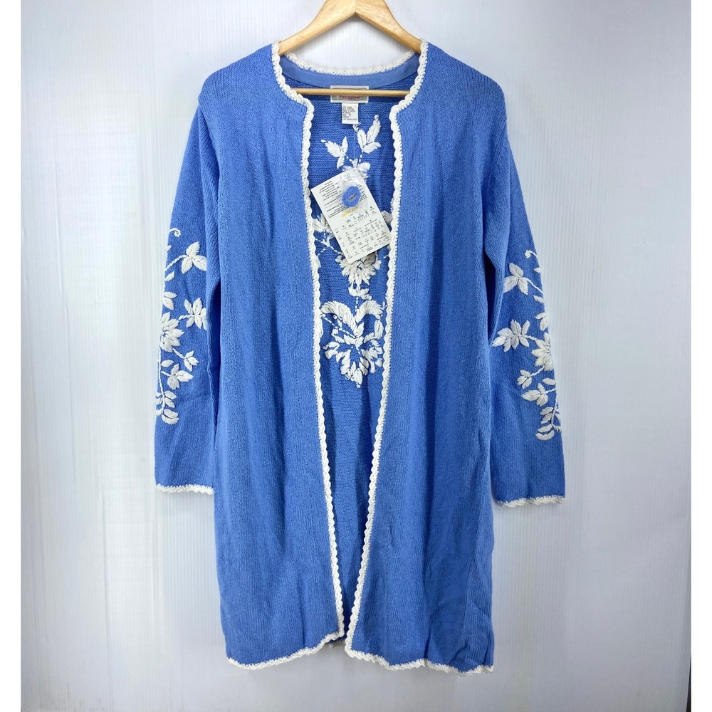 Victor Costa Blue White Embroidered Linen Cotton Duster Cardigan Women Small NWT